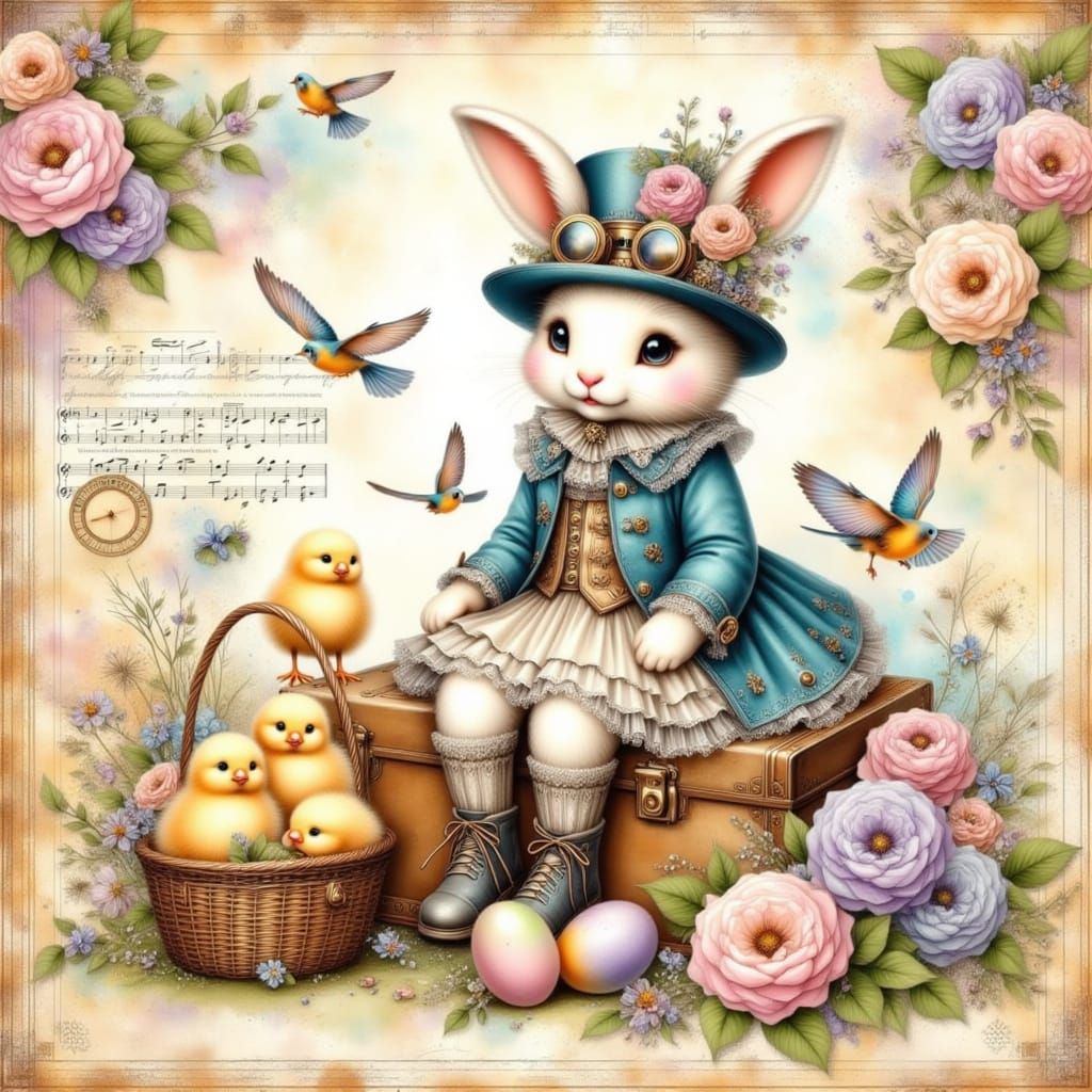 Steampunk Easter Wonderland in English Watercolor Style