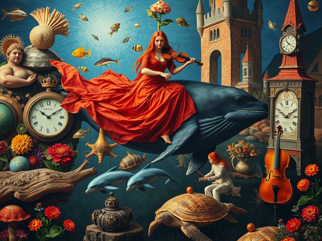 Surreal Underwater Scene with Woman Riding Whale