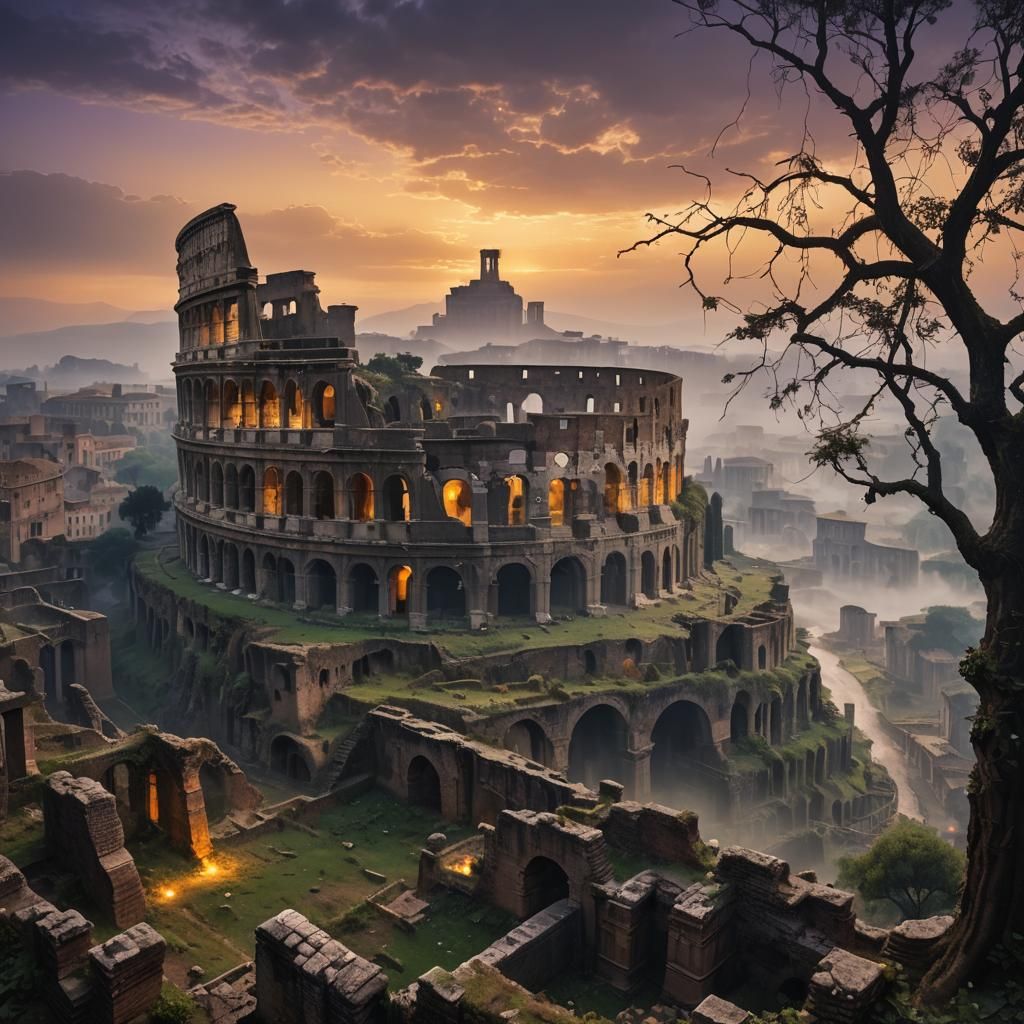 Ominous Colosseum Ruins in Dark Fantasy Landscape