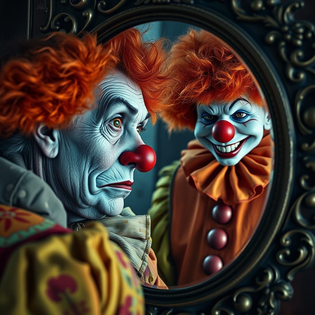 Melancholic Clown Confronts Vibrant Reflection