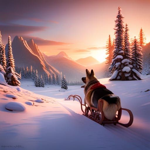 German Shepherd Dog Pulling Sleigh: Fantasy Concept Art