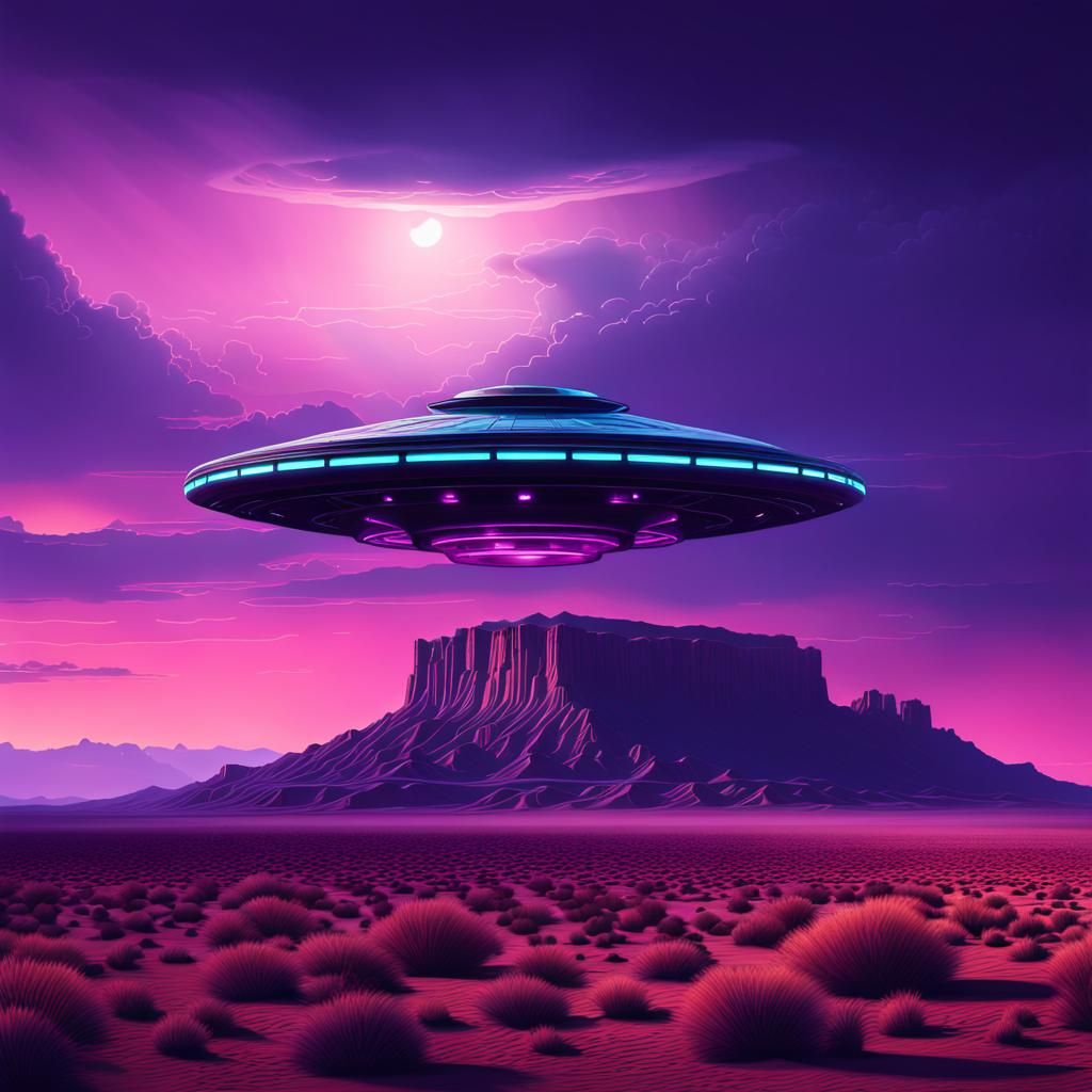 UFO Over Desert Mesa in Synthwave Style