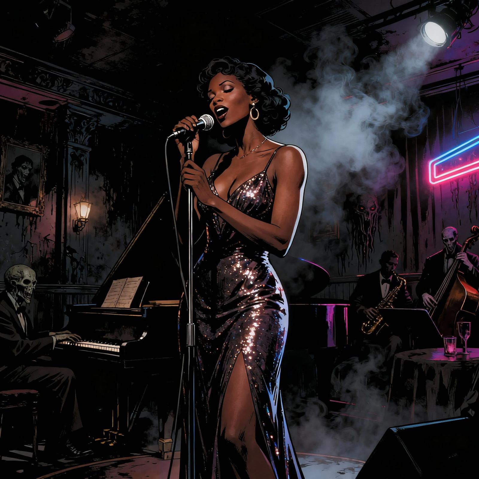Black Woman Sings in Dark Jazz Club