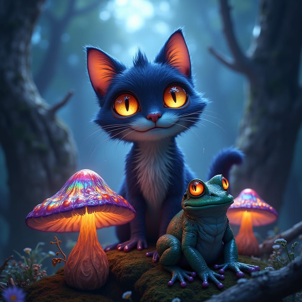 Rainbow Mushroom Forest with Cheshire Cat, 8K Matte Painting