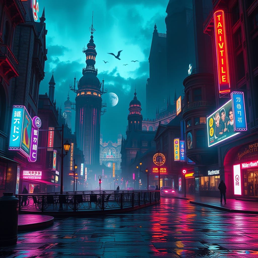 Ethereal Cityscape Under Neon Dusk
