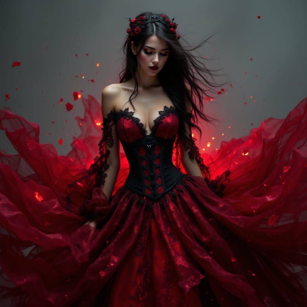 Gothic Bride in Red and Black Wedding Dress