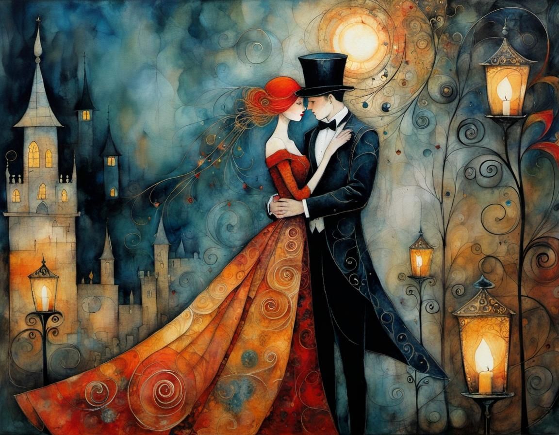 Enchanted Masquerade Ball by Candlelight in Folk Art Style