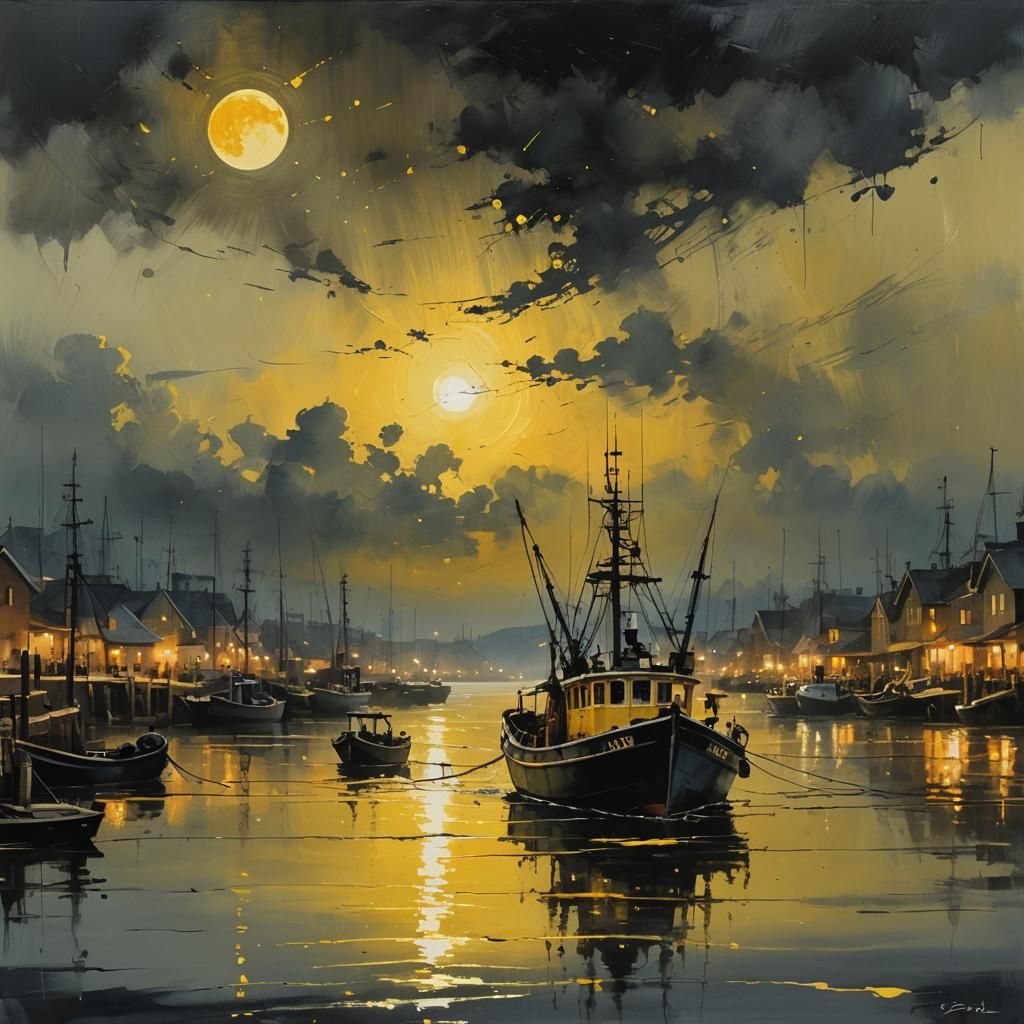 Vibrant oil painting. Close up. Fishing boat in the harbour of a fishing town with a huge golden hour gold moon, under a...