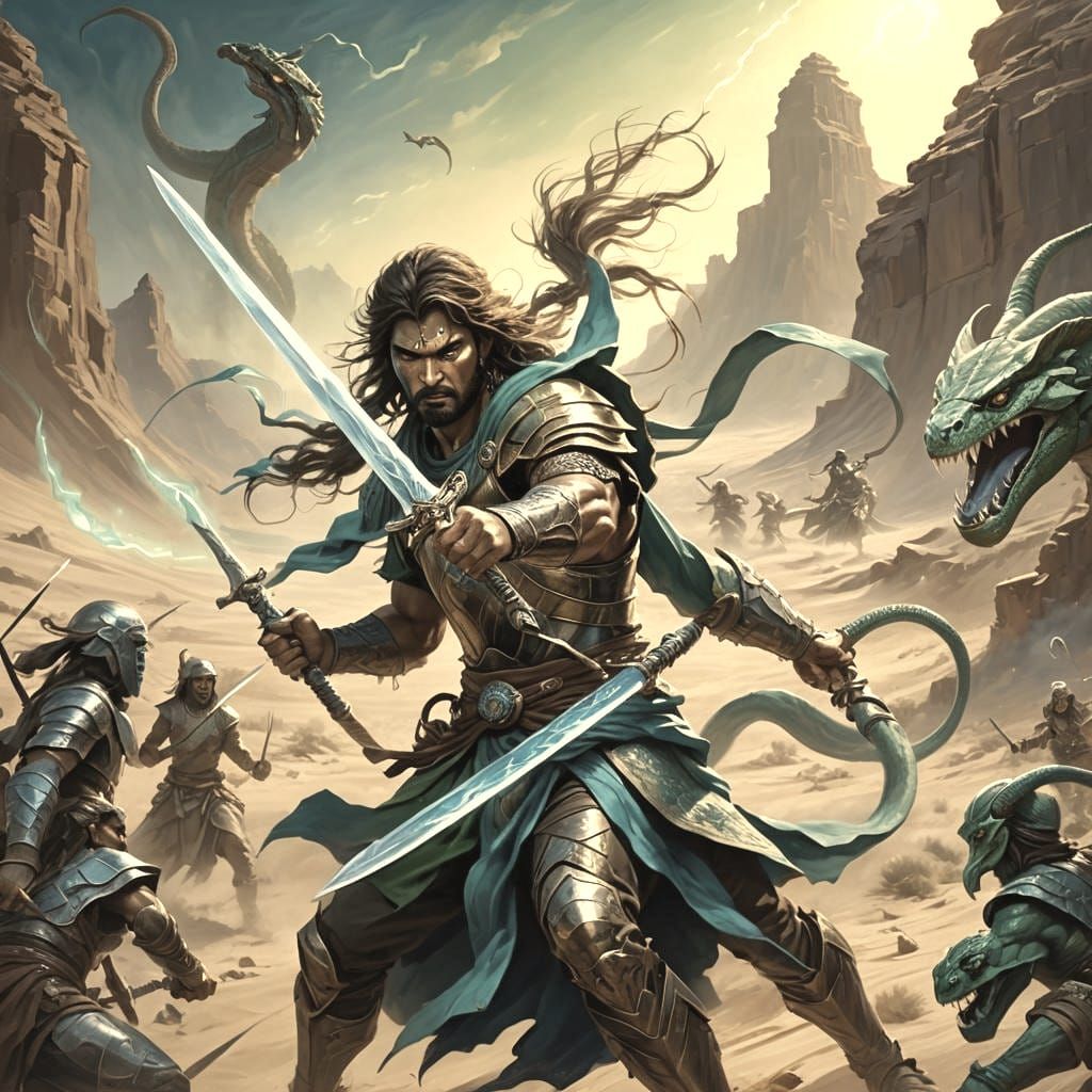 Warrior Escapes Across Desert with Glowing Sword