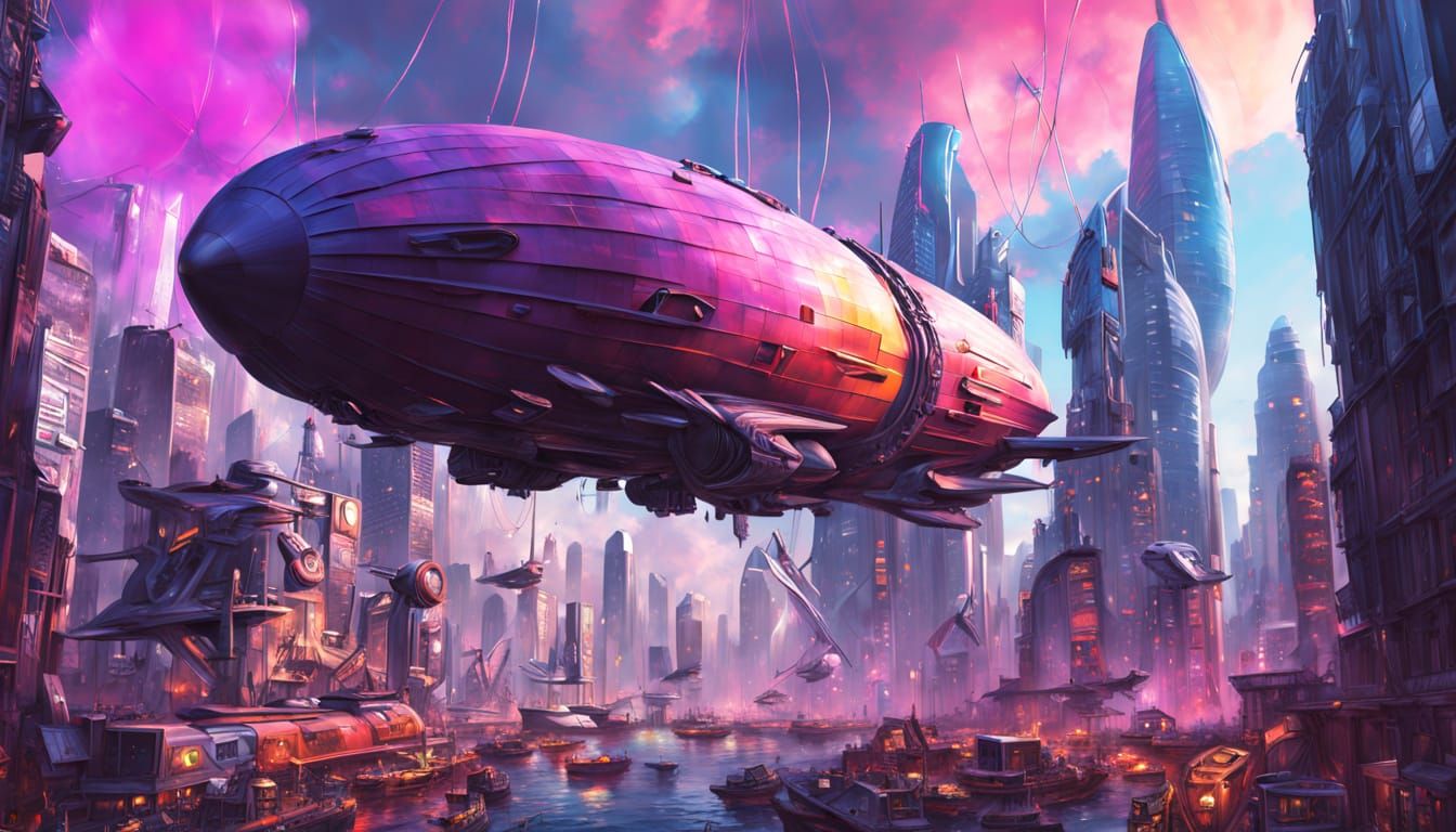 Surreal Futuristic Metropolis Overwhelmed by Rigid Airships
