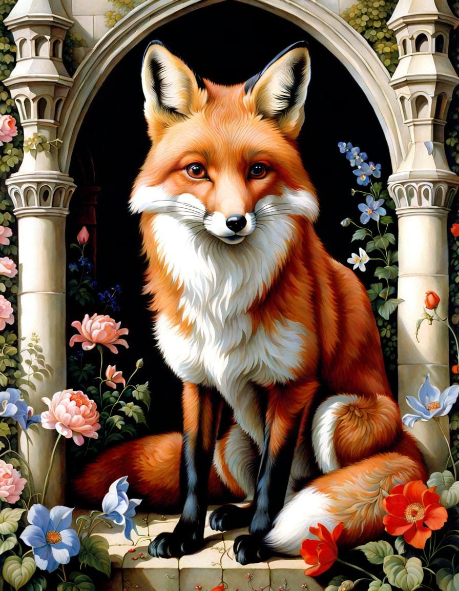 Fox in Castle Garden: Hyperrealistic Ink Painting
