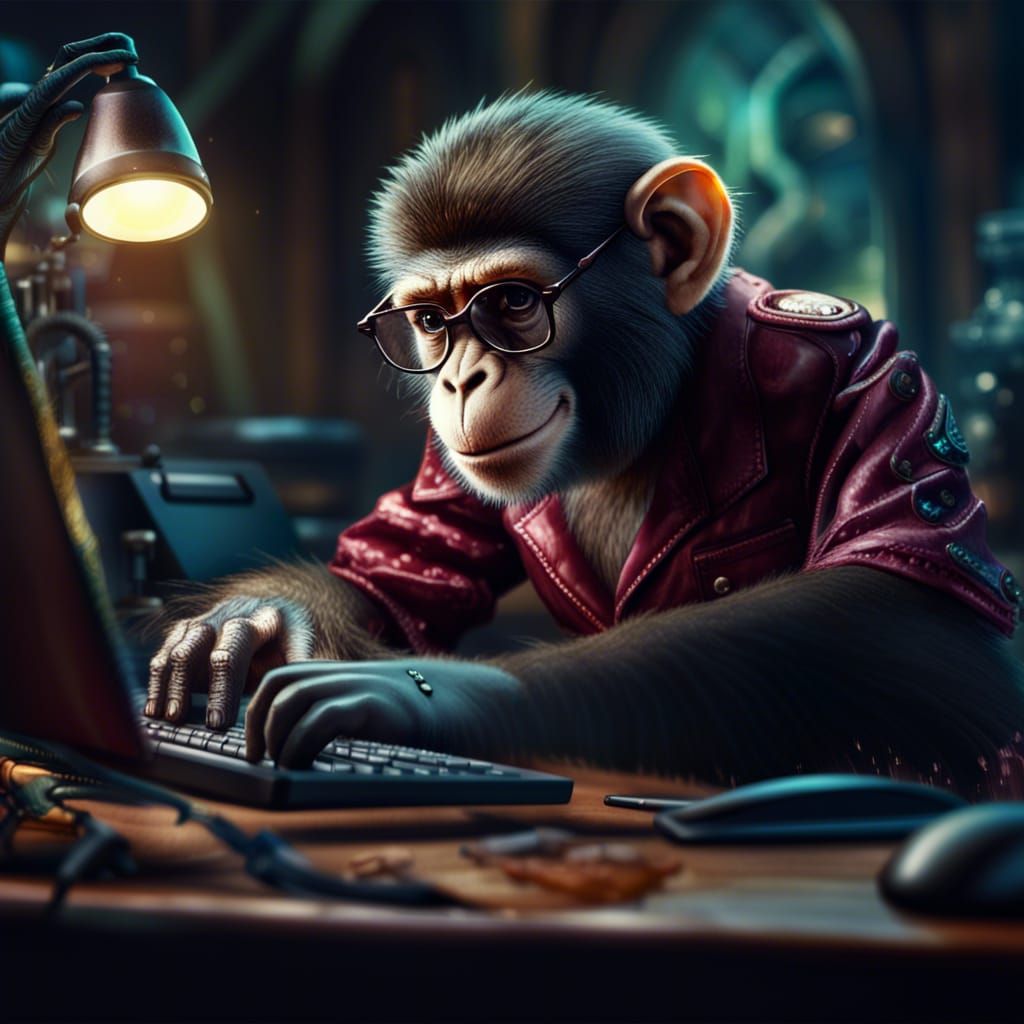 Monkey at Computer Desk as Detailed Painting