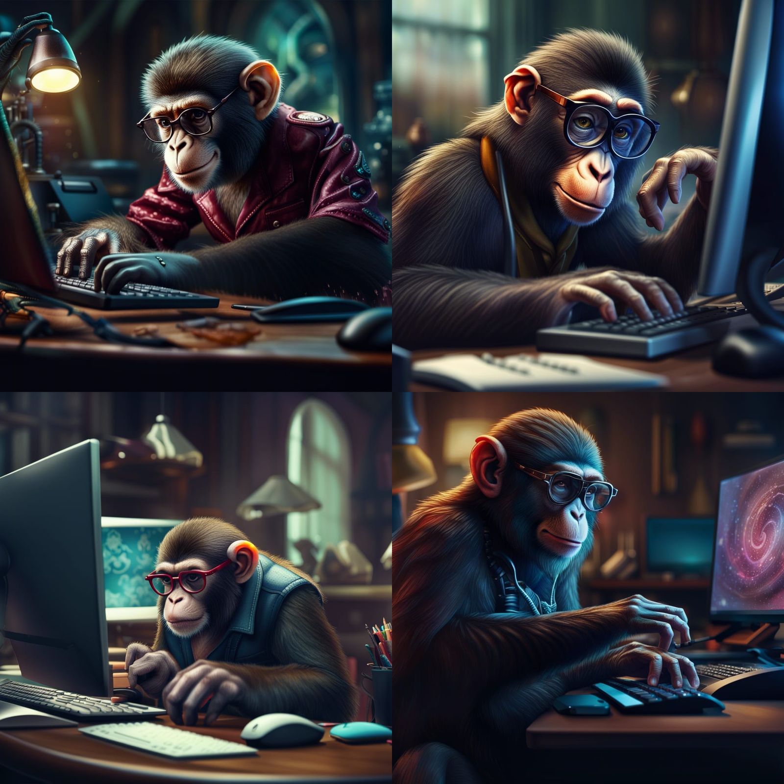 Monkey Programmer at Desk in Detailed Matte Painting