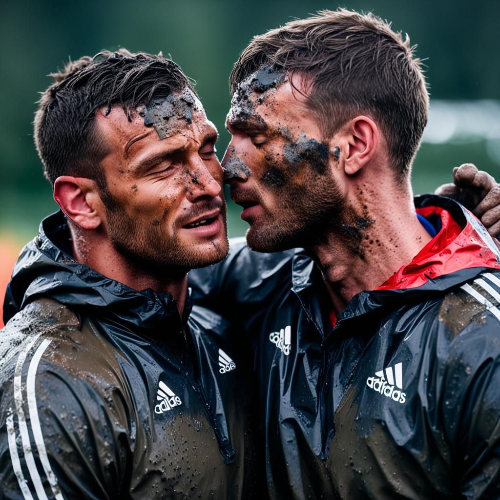 Rugby Players Embrace: Natural Light, Bokeh, Sharp Focus