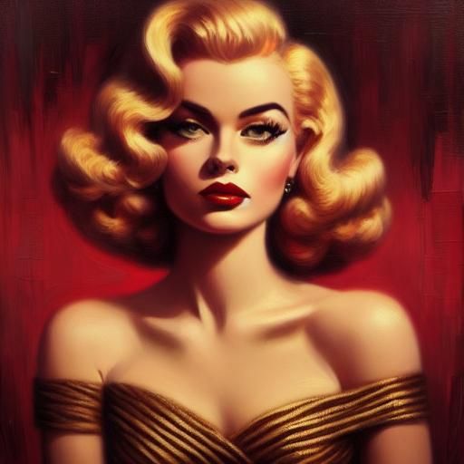 1950s Woman in Gold Dress with Red Backdrop