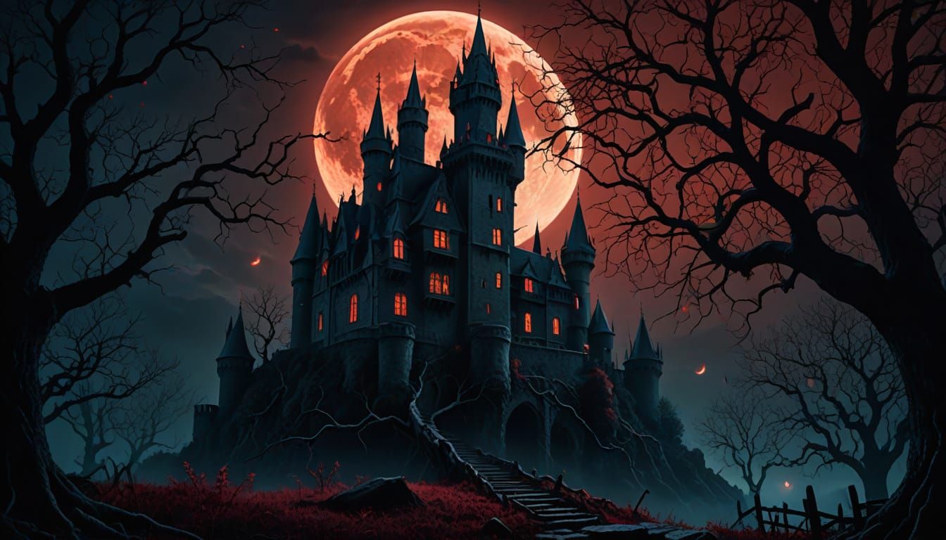 Countess Dracula's Castle Under Blood Moon in Gothic Art