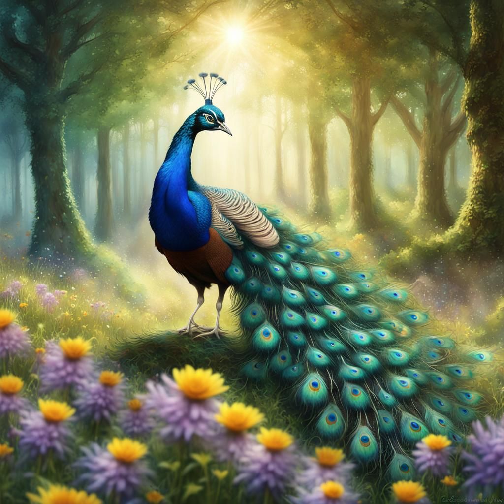 Peacock Woman Dancing in Flower Meadow, Detailed Matte Paint...