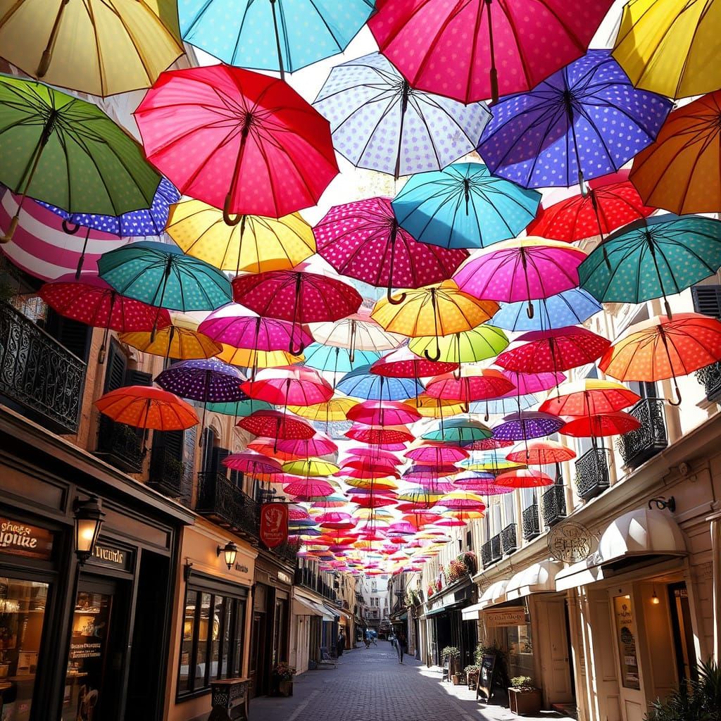 Vibrant Umbrella Canopy in a Charming Street Scene
