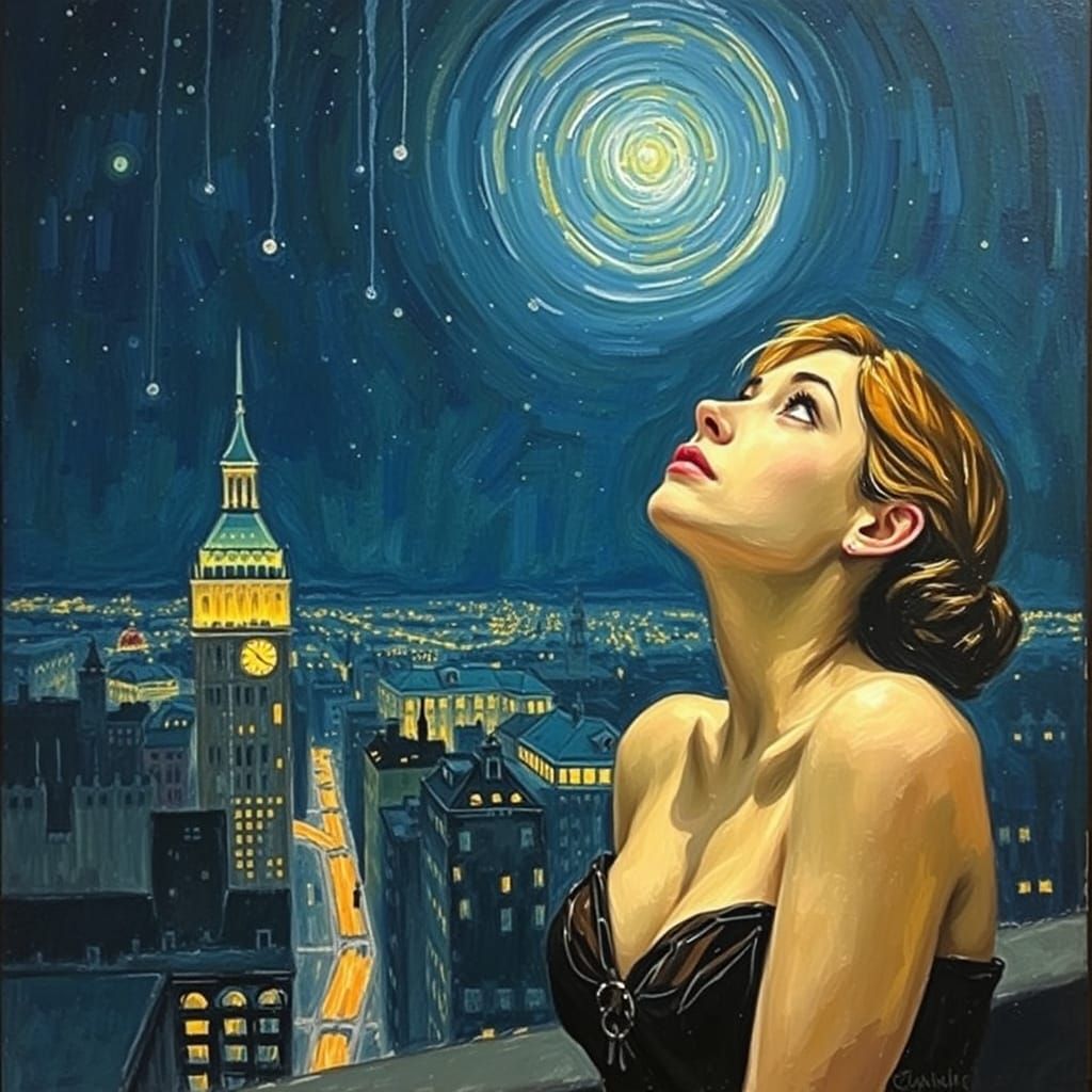 Female Stargazer Over Glimmering City at Night