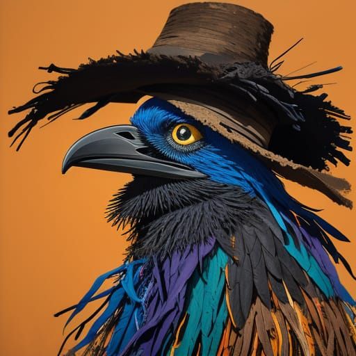 Ragged Scarecrow with Crow, Abstract Expressionist Art