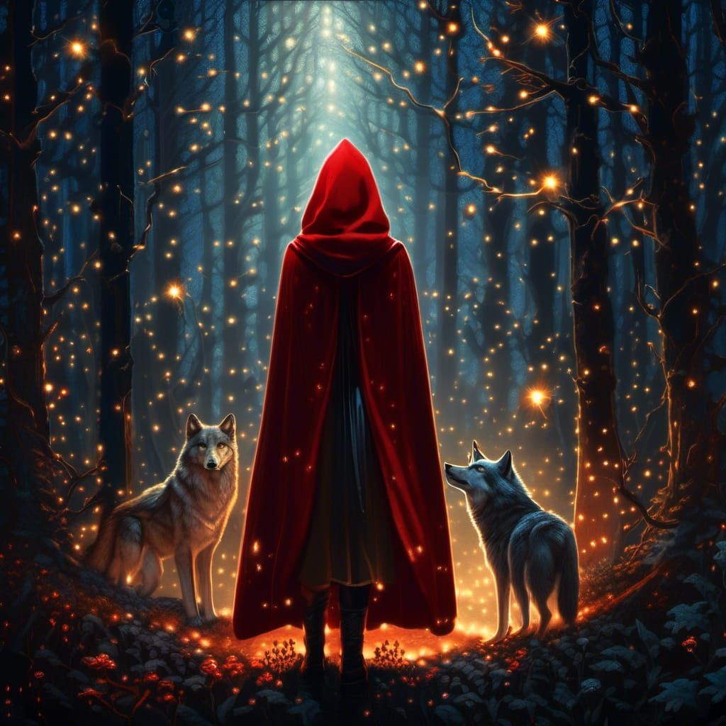Girl and Magical Wolf in Dark Forest Scene