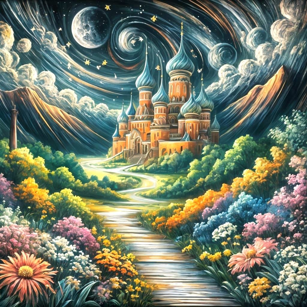 Enchanted Russian Palace Gardens Under Moonlight