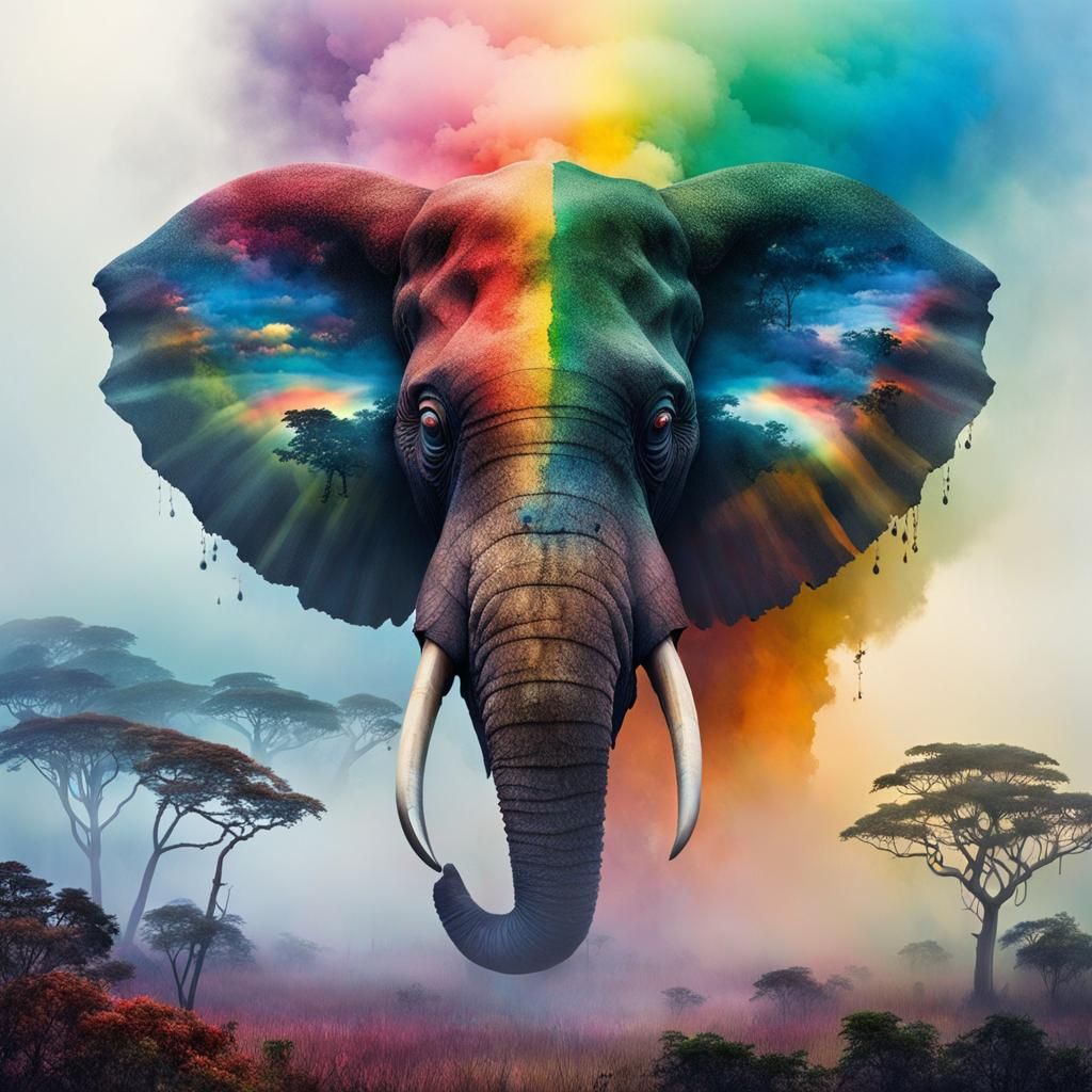 Steampunk Elephant Double Exposure Savannah Watercolor