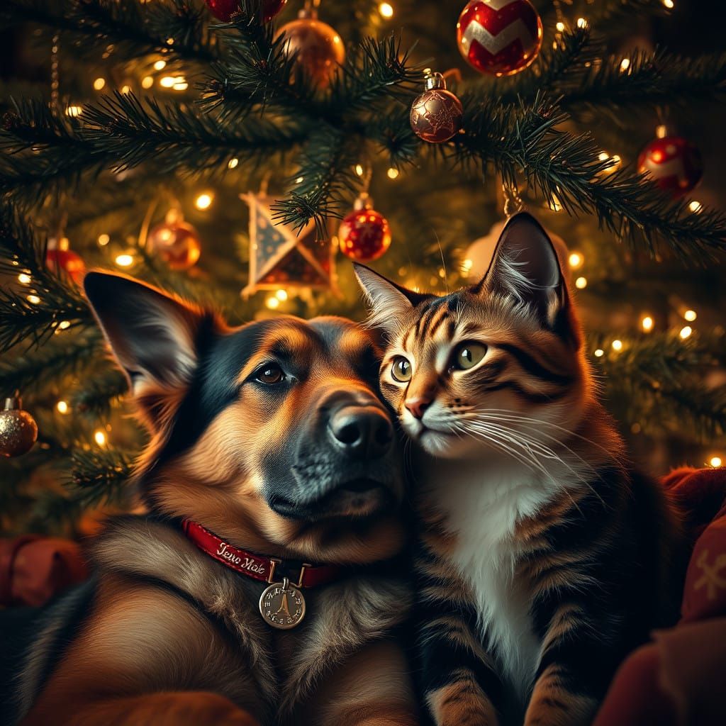 German Shepherd and Calico Cat Snuggle under Christmas Tree....
