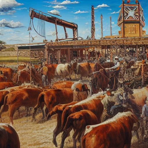 Map of Texas with Cowboys, Longhorn Steer, Horse, Oil Derrick 8k resolution concept art art deco hyperdetailed intricate...