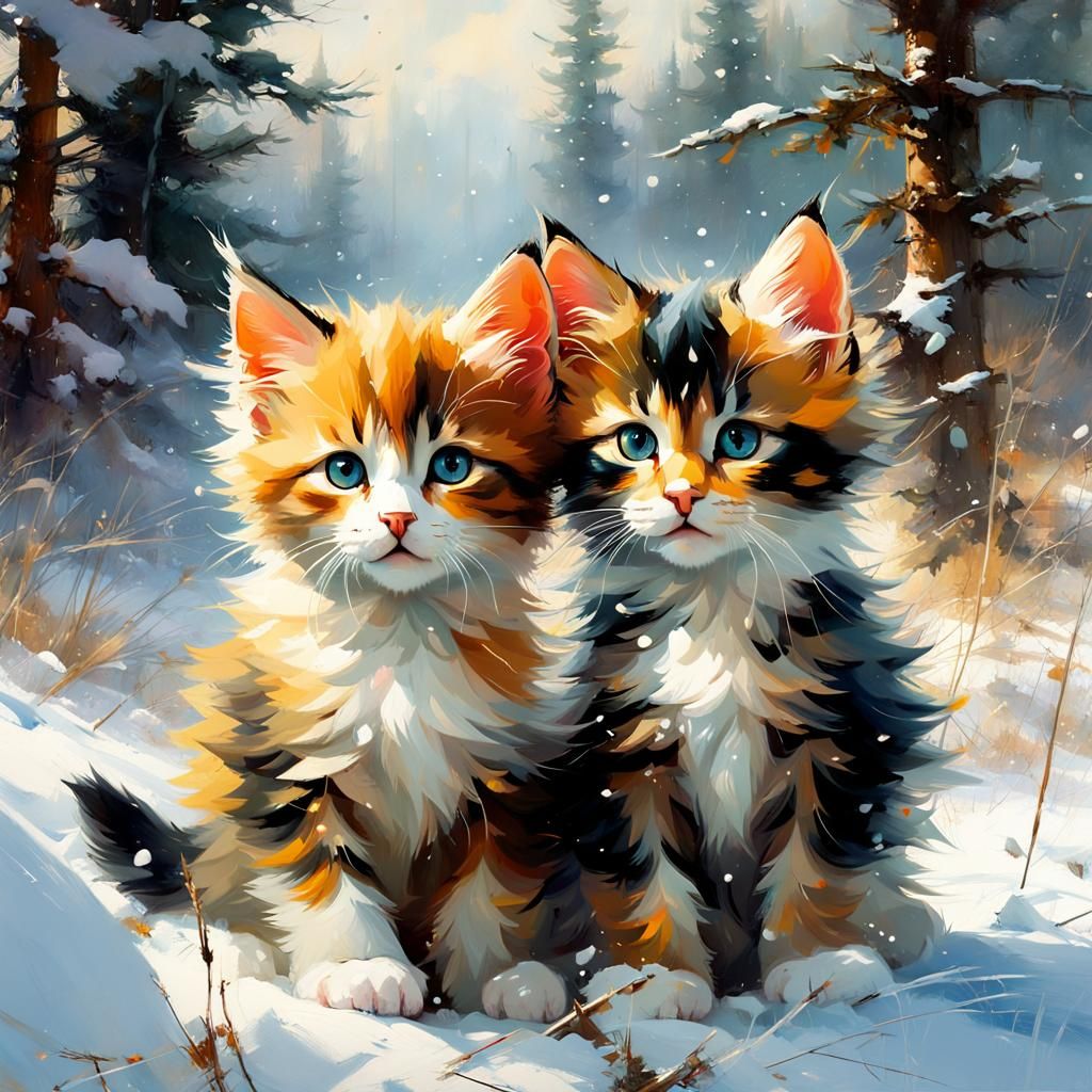 Calico Kittens Play in Snowy Pine Forest