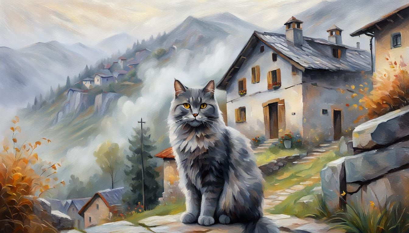 Fluffy Grey Cat in Foggy Mountains: An Impressionist Drawing