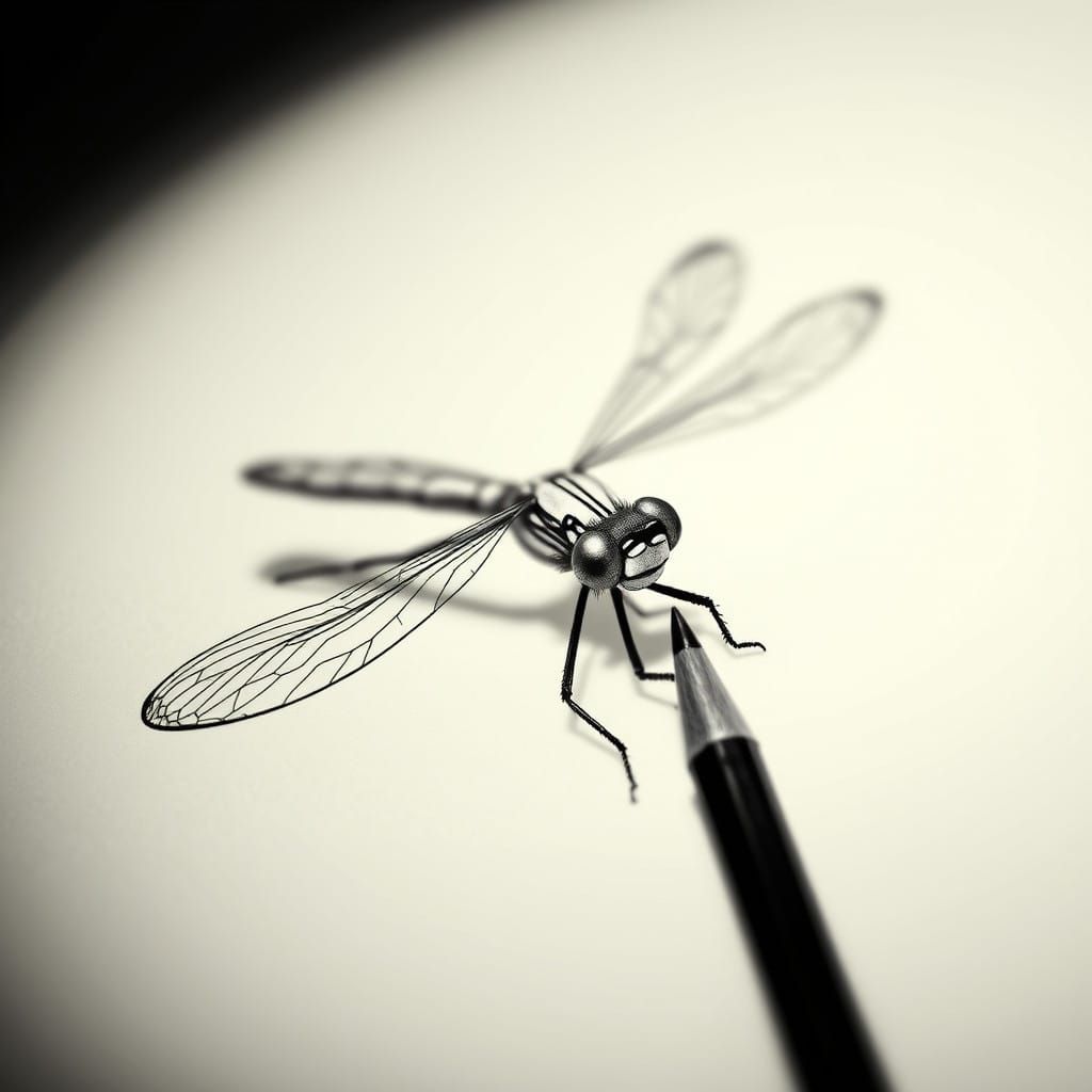 Surreal Black and White Dragonfly Portrait in Minimalist Doo...