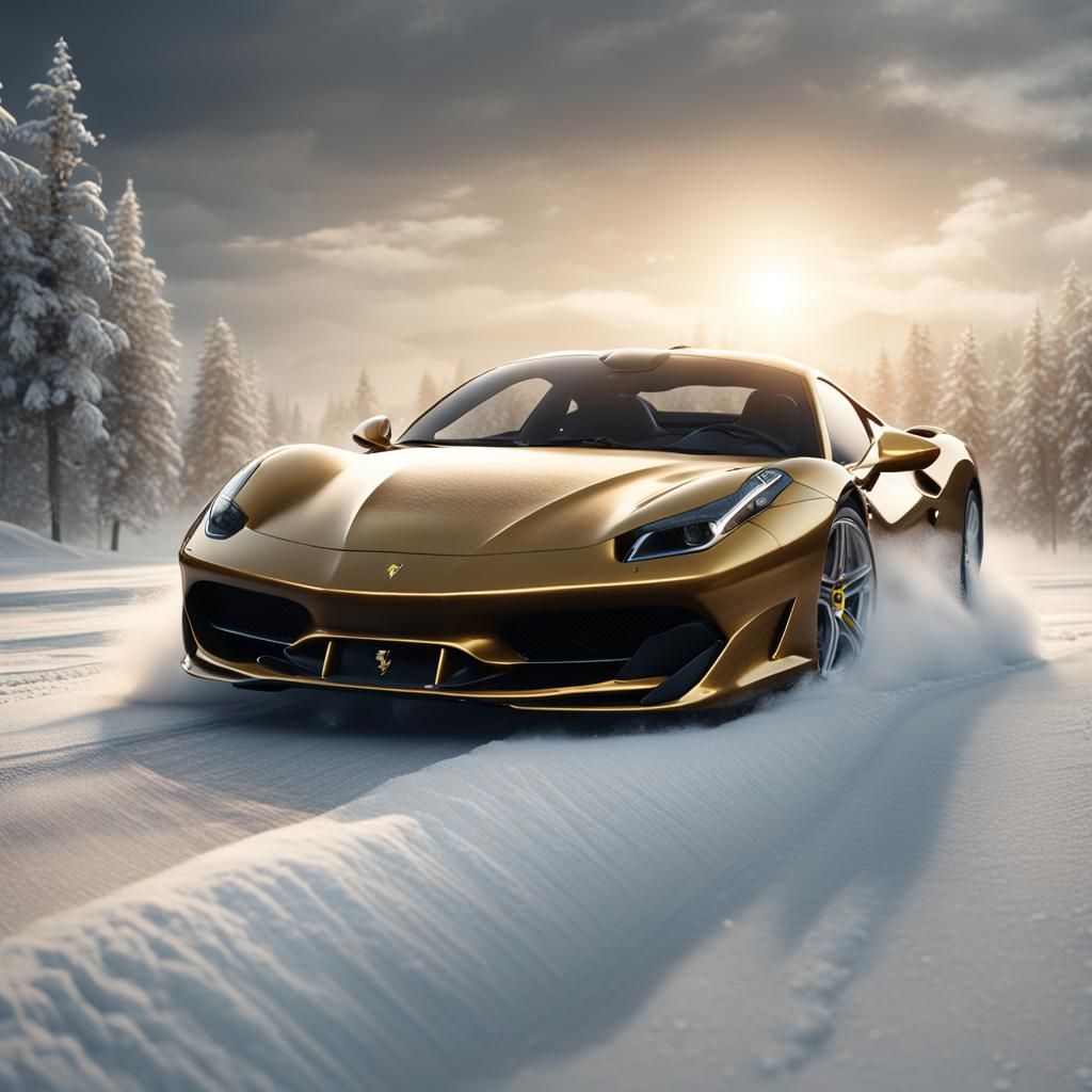 Golden Ferrari Drifting in Snow: Hyperrealistic Art