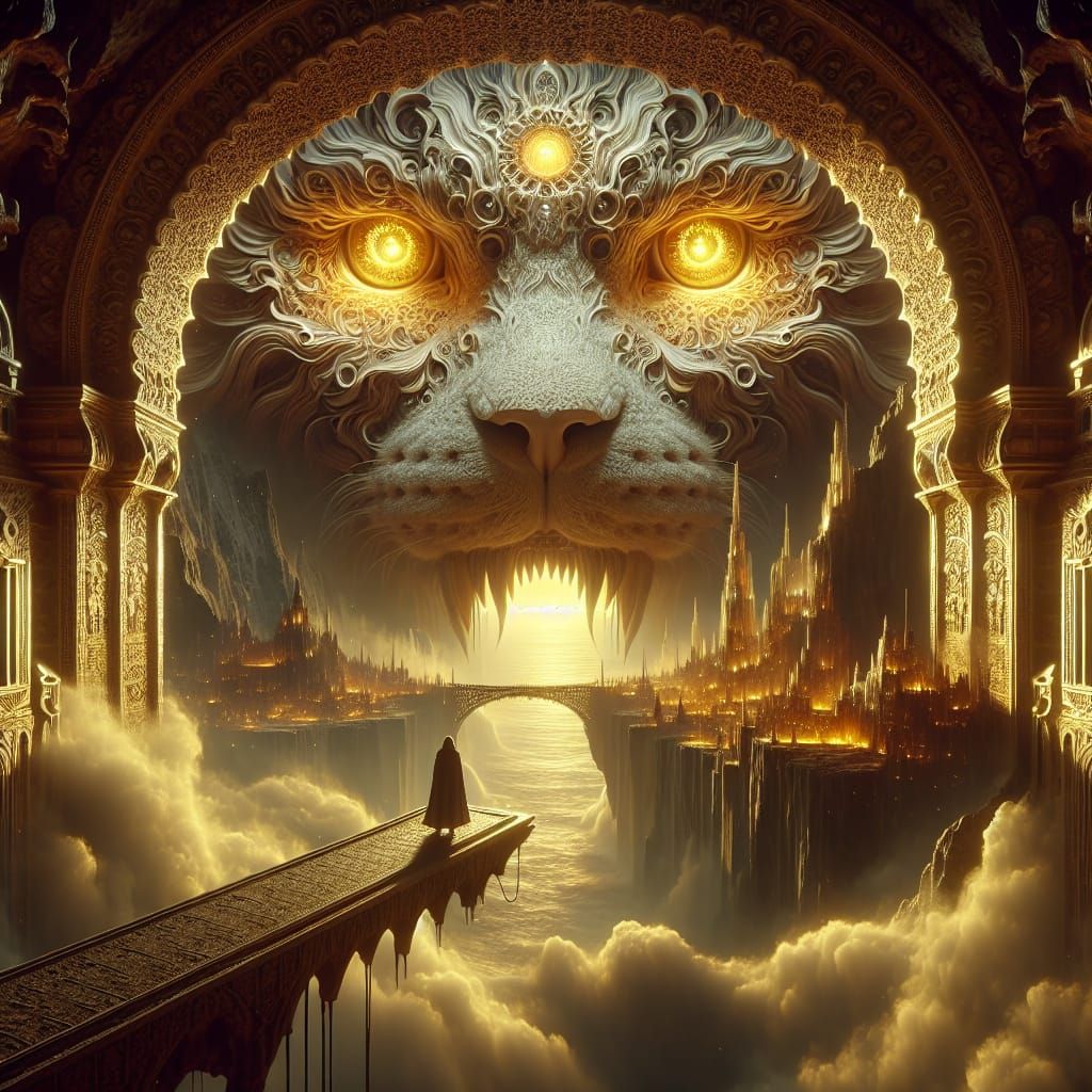 Colossal Lion Oversees Ancient City in Golden Light