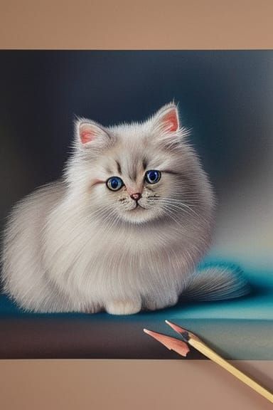 Cute Fluffy Cat in Watercolor Pencil Sketch