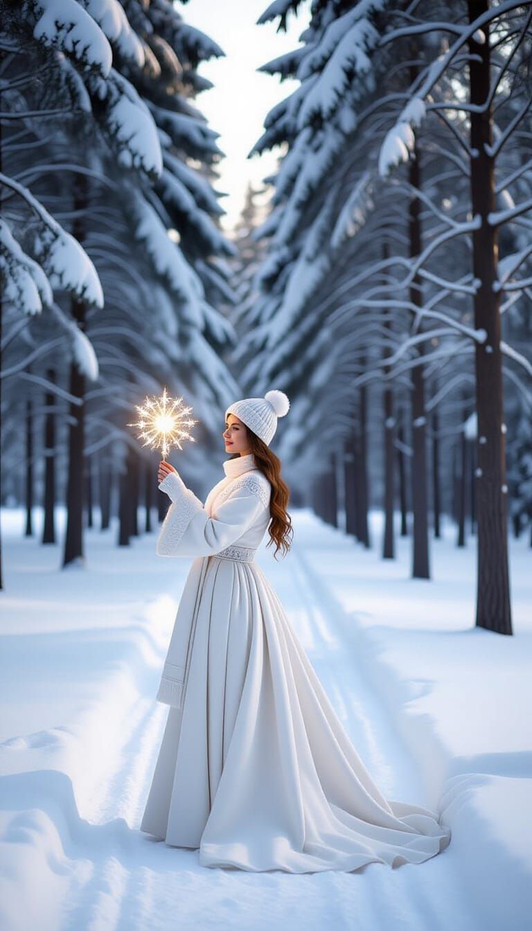 Slavic Winter Goddess Koljada Holds Sun in Snowy Forest