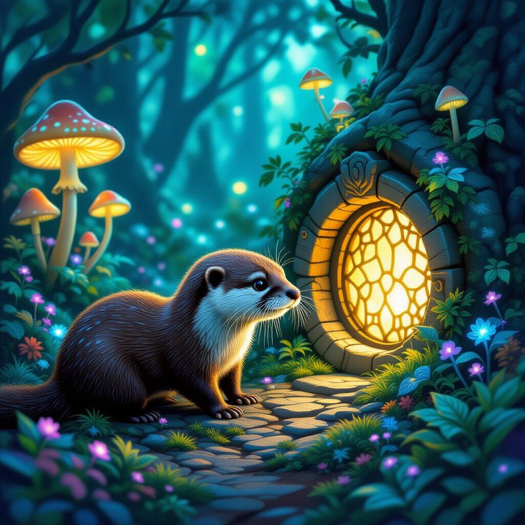 Enchanted Otter and Bioluminescent Forest Portal