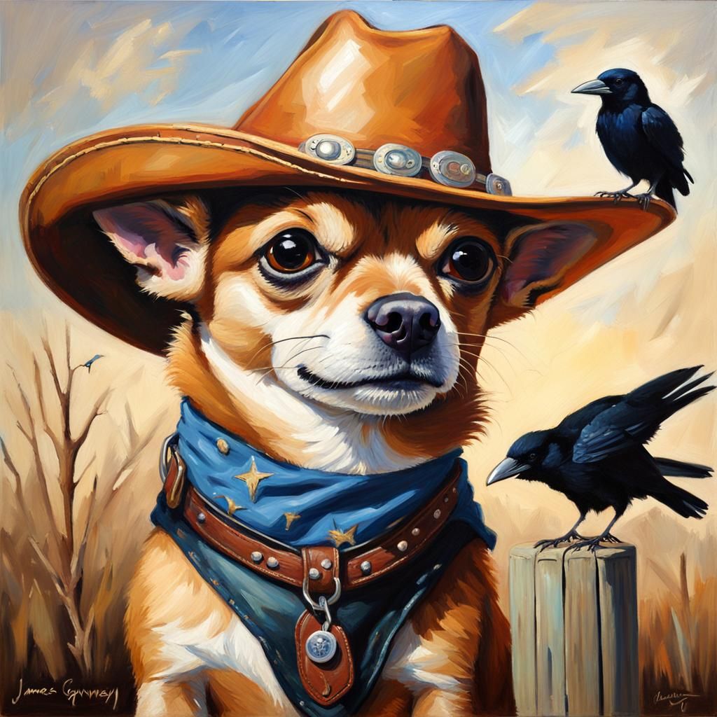 Chihuahua and Crow in Cowboy Hats, Oil Painting