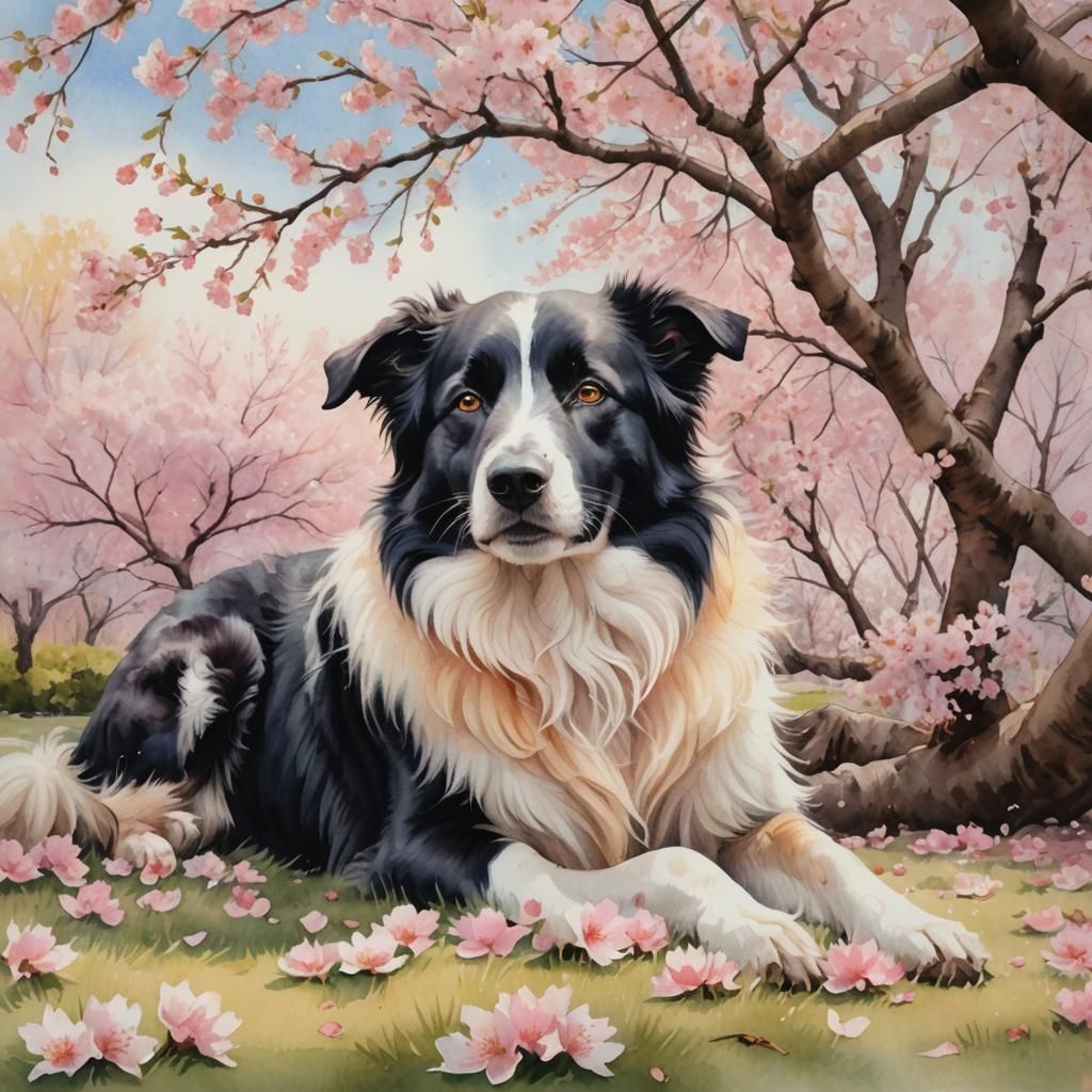 Border Collie Dream in Watercolor Cherry Blossoms