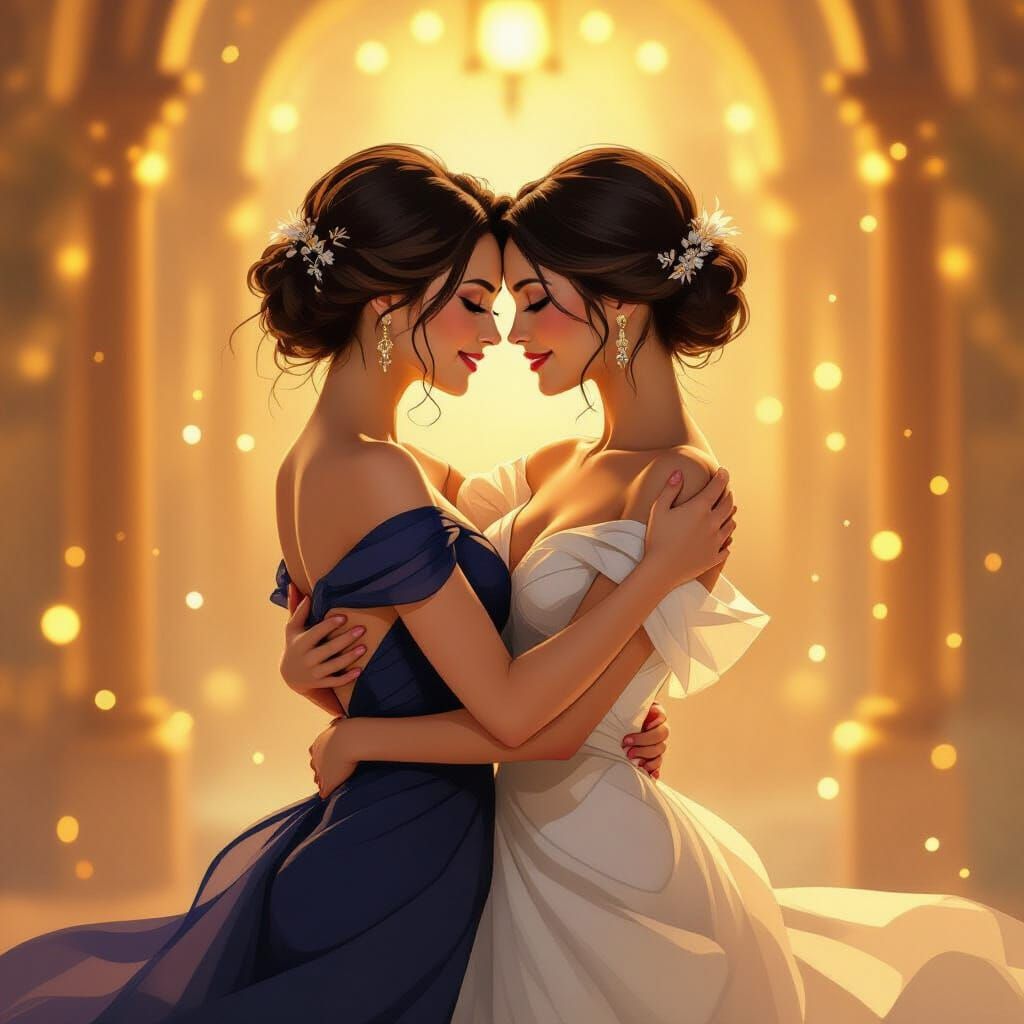 Romantic Dance of Two Women in Whimsical Style