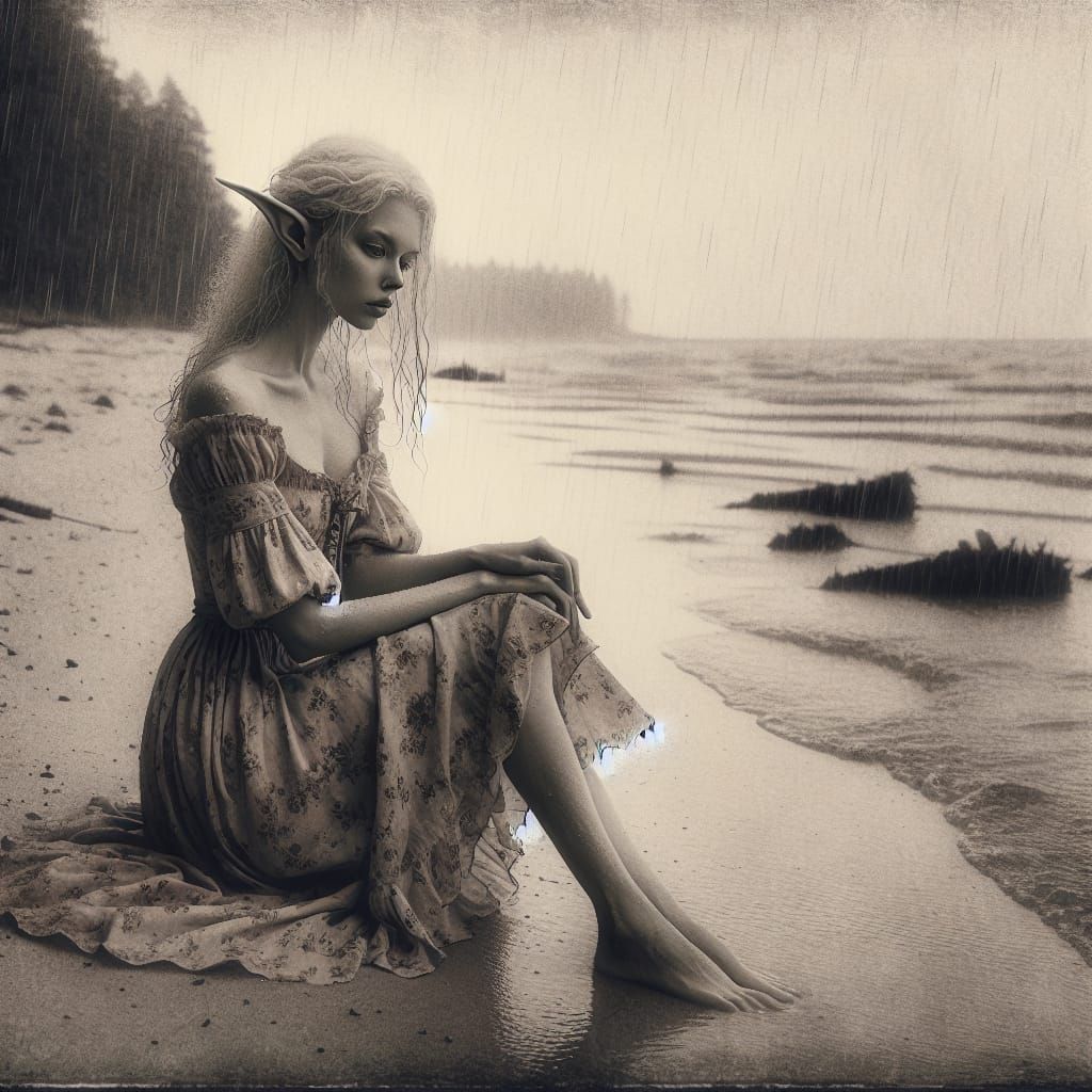 Ethereal Elf Seated on a Drizzly Beach