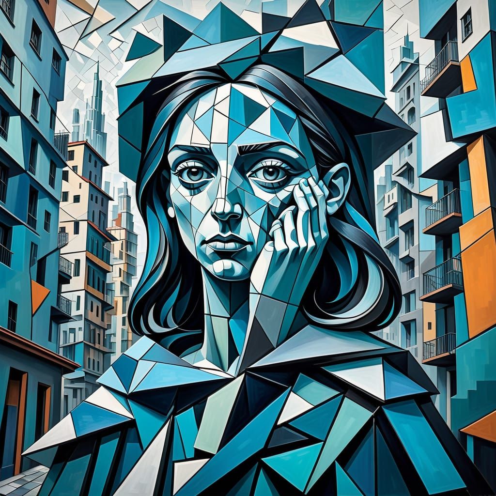 Cubist Cityscape Portrait with Geometric Forms