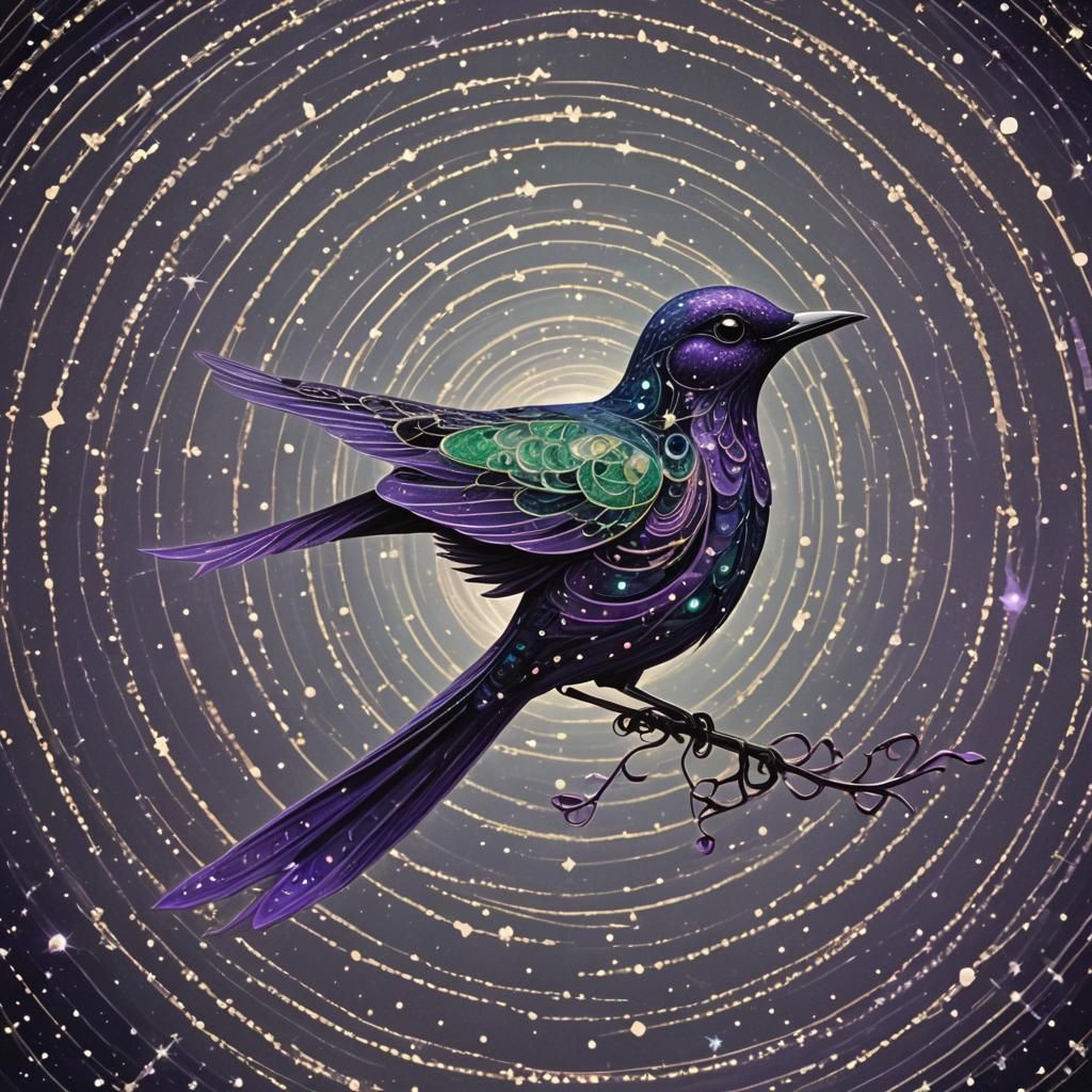 Intricate Purple Bird with Translucent Light Spiral