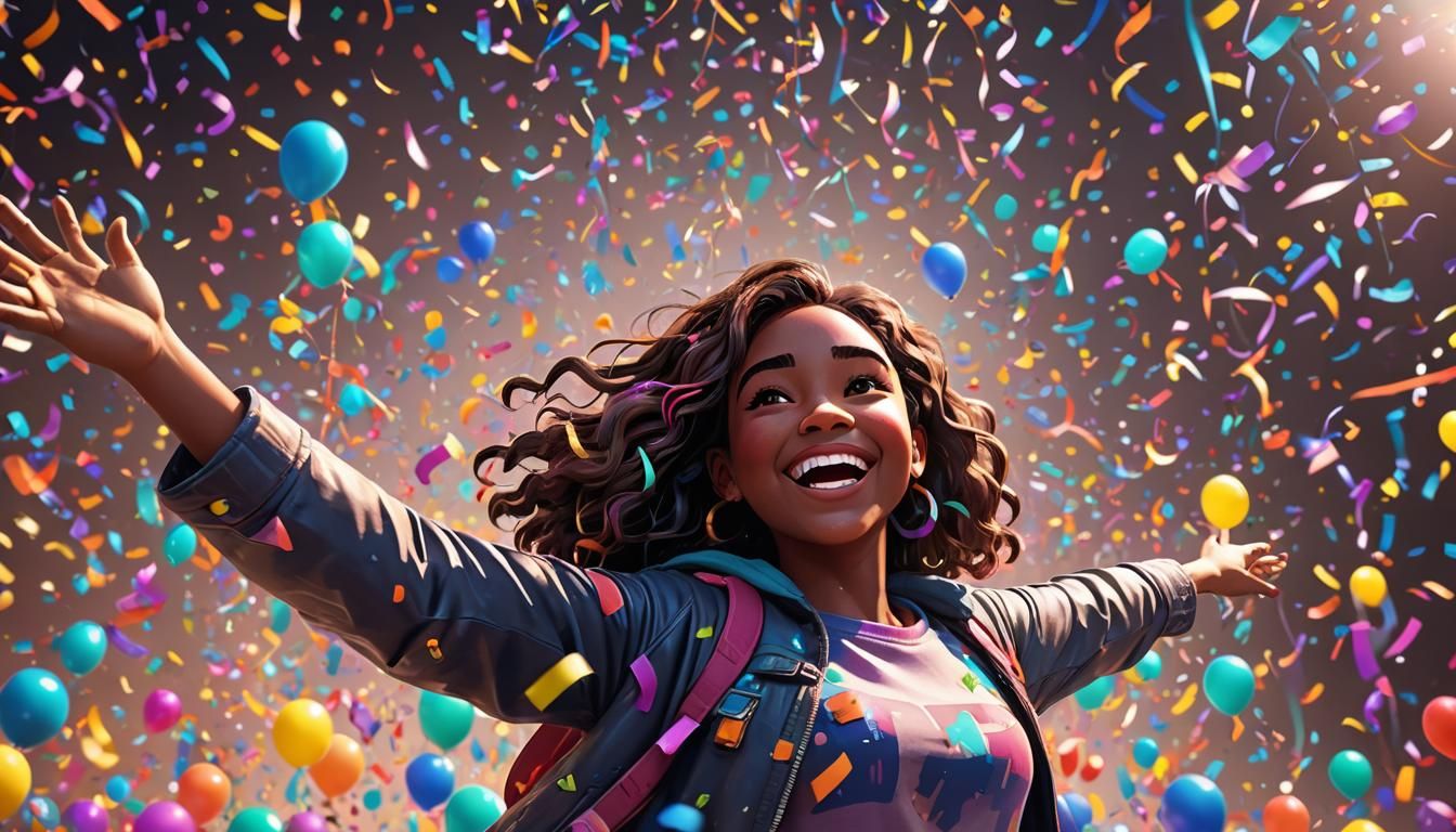 Happy Girl Celebrates Birthday in 3D Render