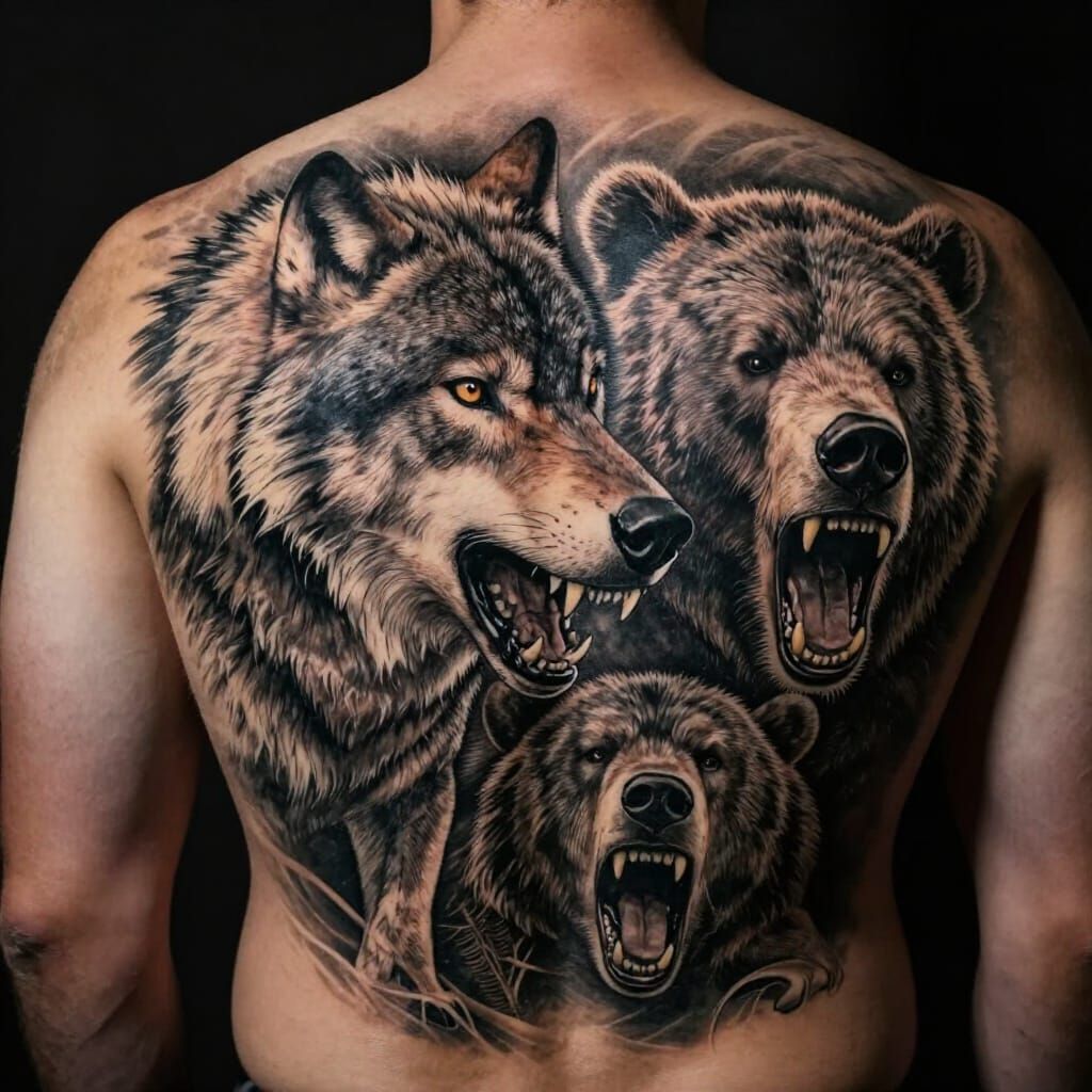 Hyperrealistic Wolf, Bear, and Human Snarl Tattoo Design