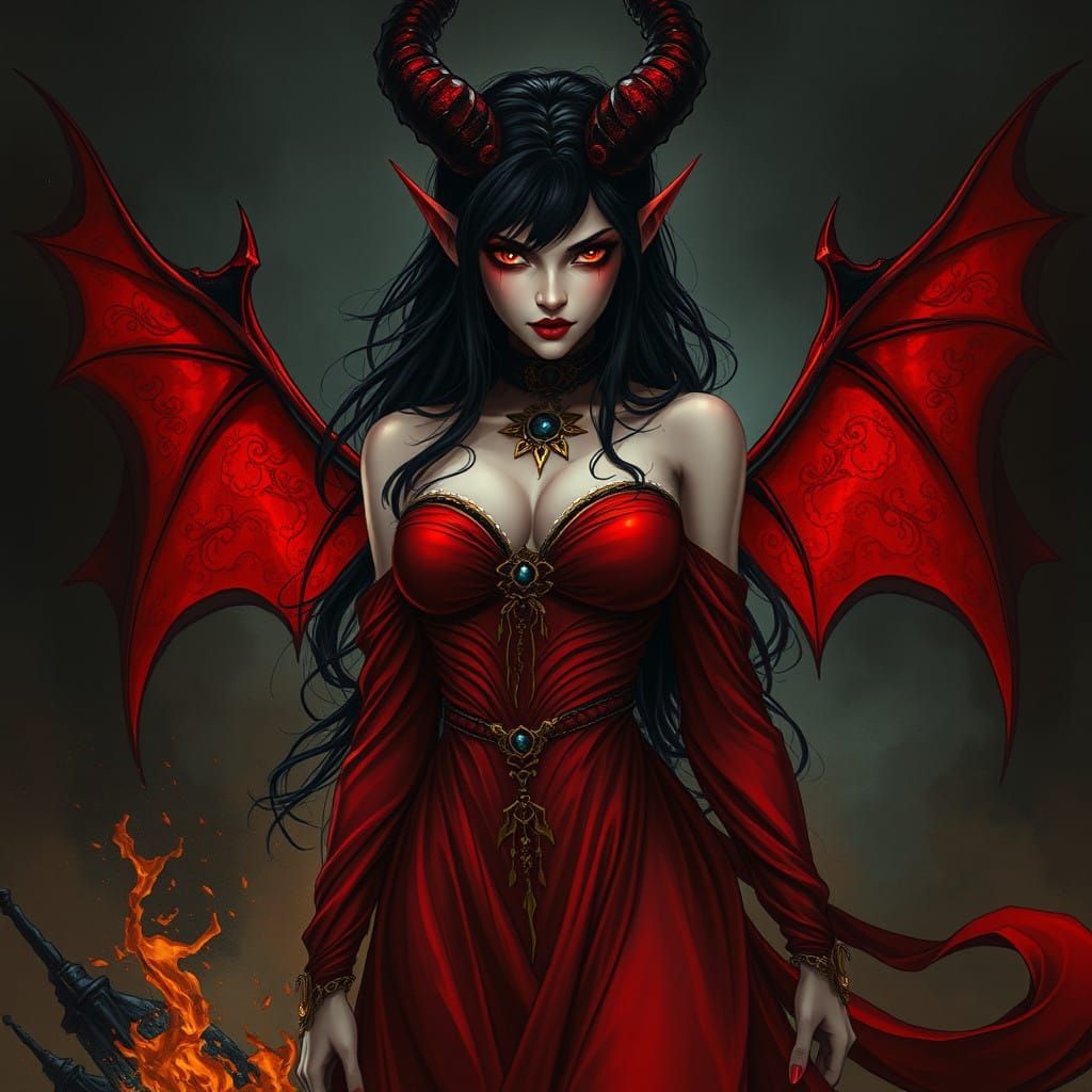 Ethereal Devil Woman in Crimson Gown