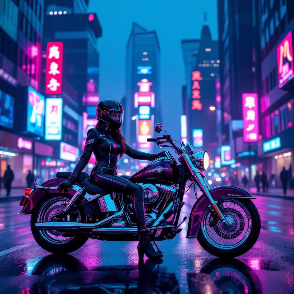 Woman with Retro Motorcycle in Neon Cyberpunk City