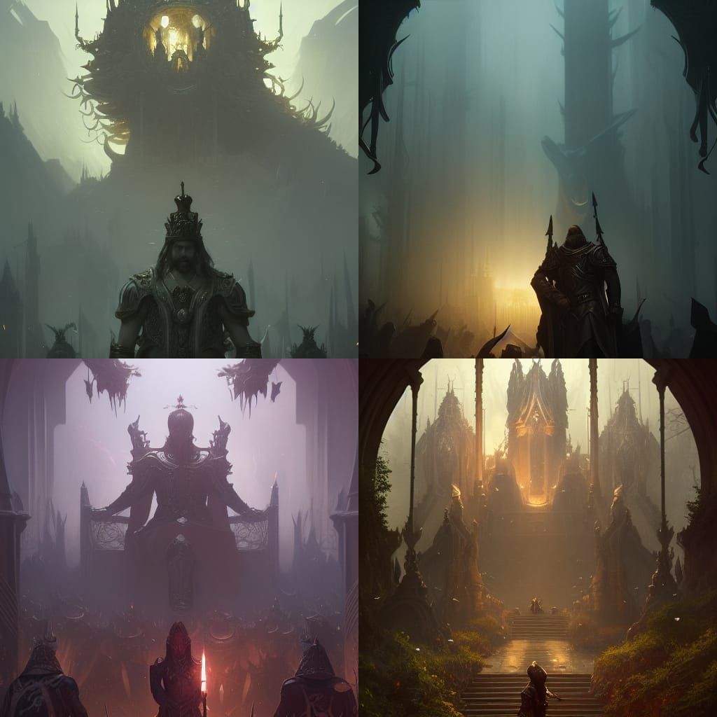 Dark Fantasy Kings Kneeling in Volumetric Lighting