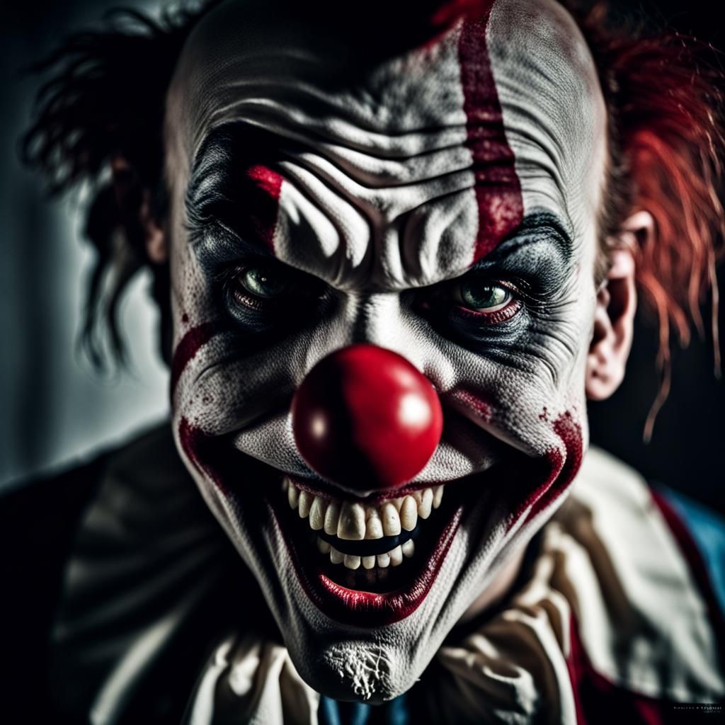 Scary clown , IT , sharp teeth, Close up portrait, ambient light, Nikon 15mm f/1.8G, by Lee Jeffries, Alessio Albi, Adr...