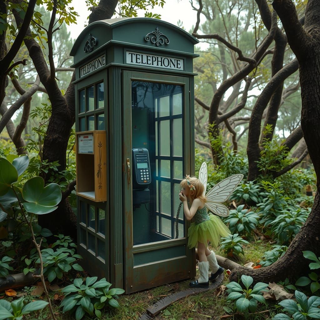 Pixie Answering Phone in Overgrown Tree Grove